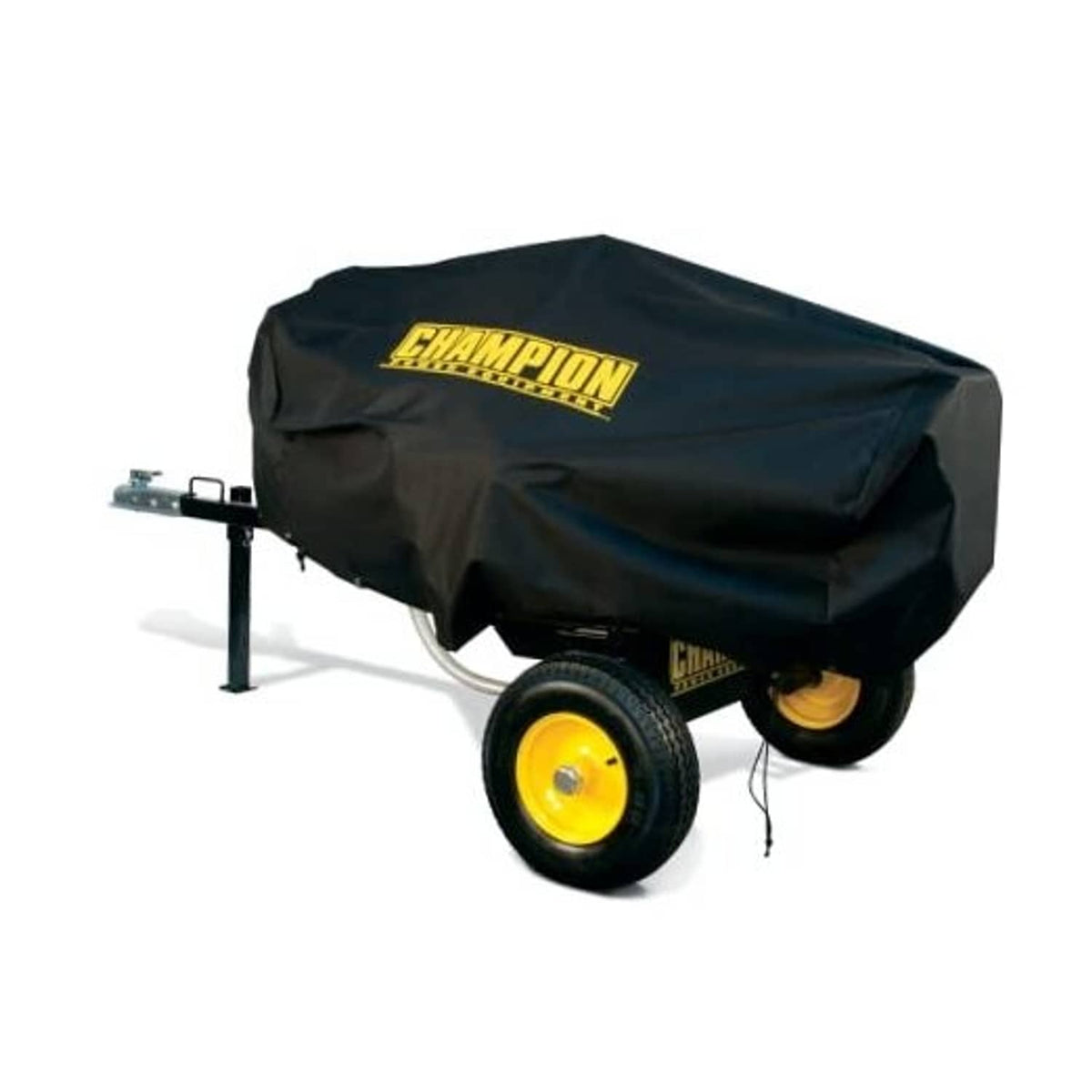 Black log splitter storage cover with Champion logo, draped over trailer and wheels