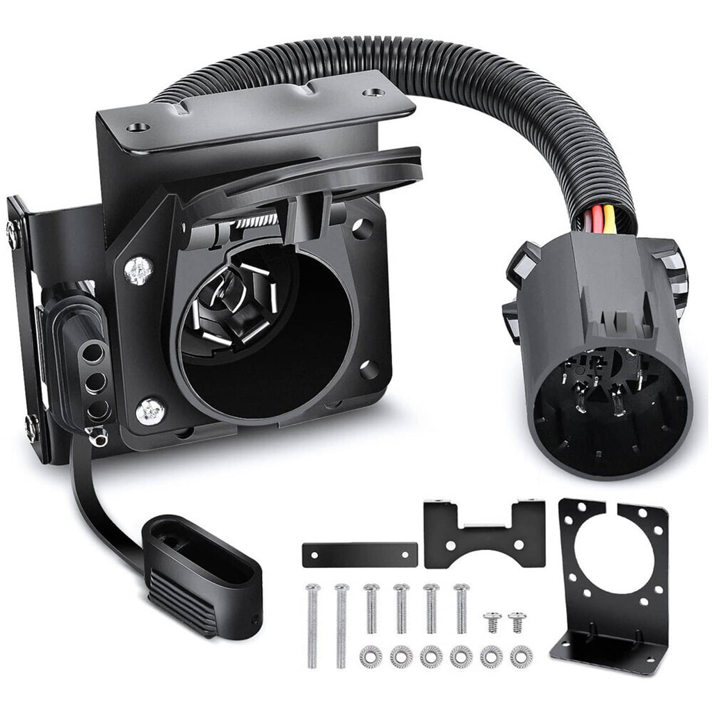 Trailer wiring harness with 7-way blade plug, 4-way flat socket, and mounting bracket
