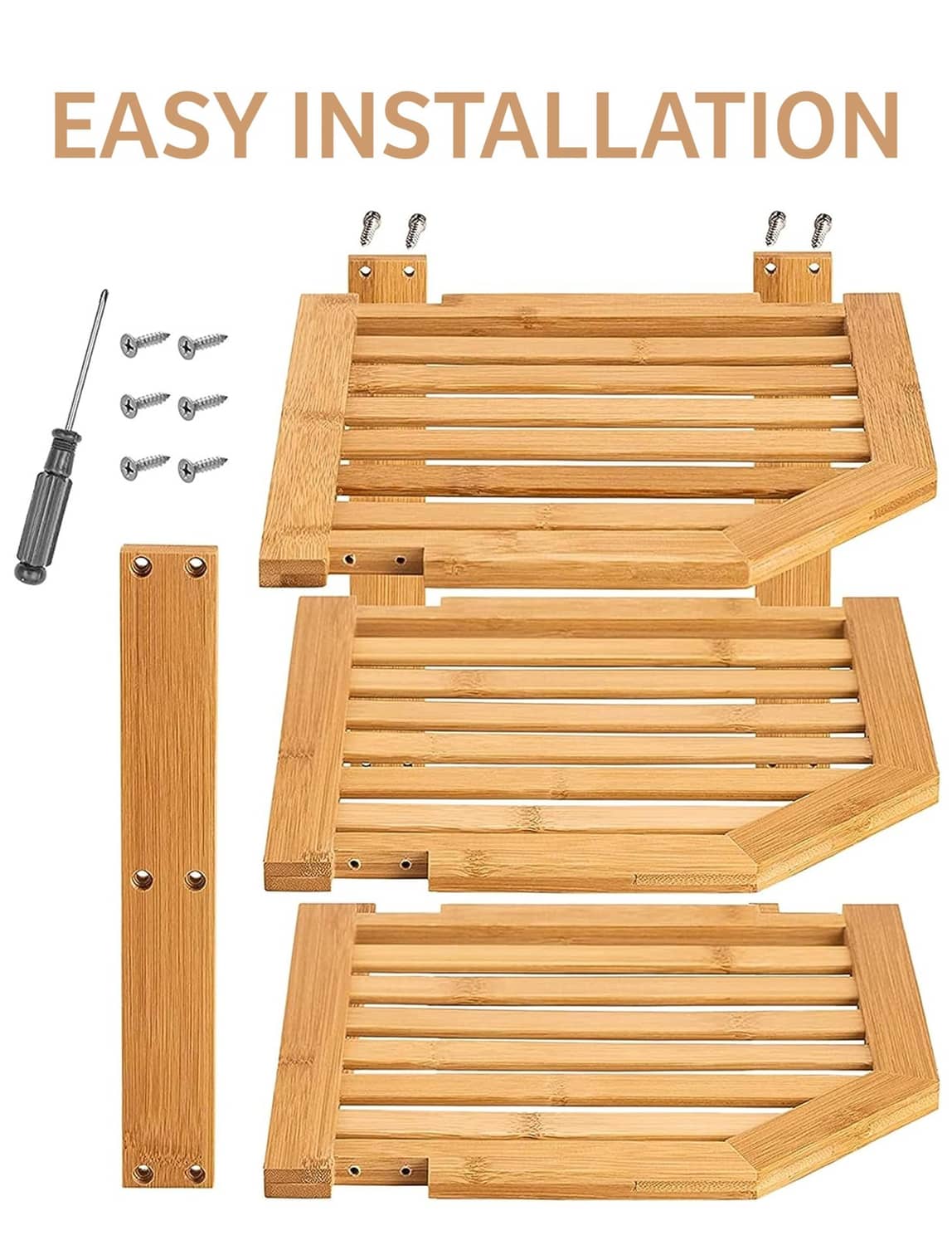 Bamboo 3-tier corner shelf organizer parts with brackets and screws