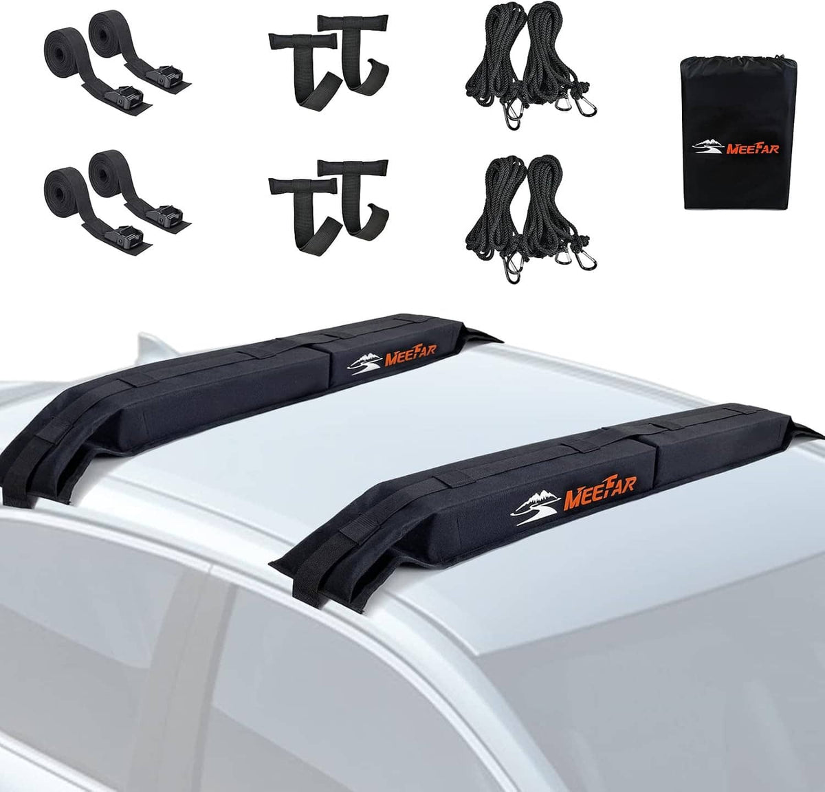 Pair of soft black roof rack pads with logo accents mounted across a vehicle roof