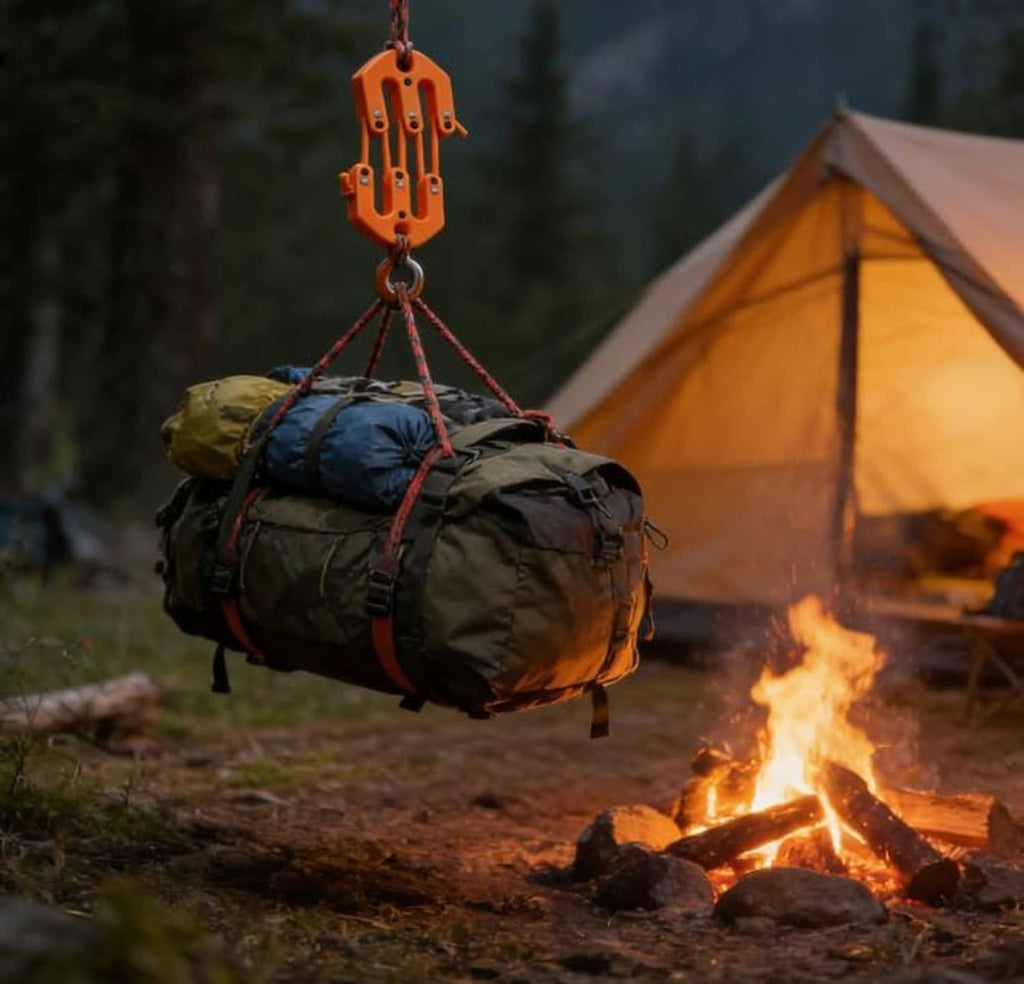 Orange hoist block and tackle lifting a dark duffel bag with rope