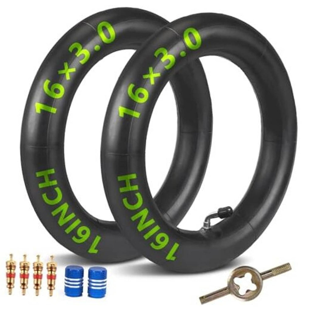 Pair of black 16x3.0 bicycle inner tubes with bent valve stems