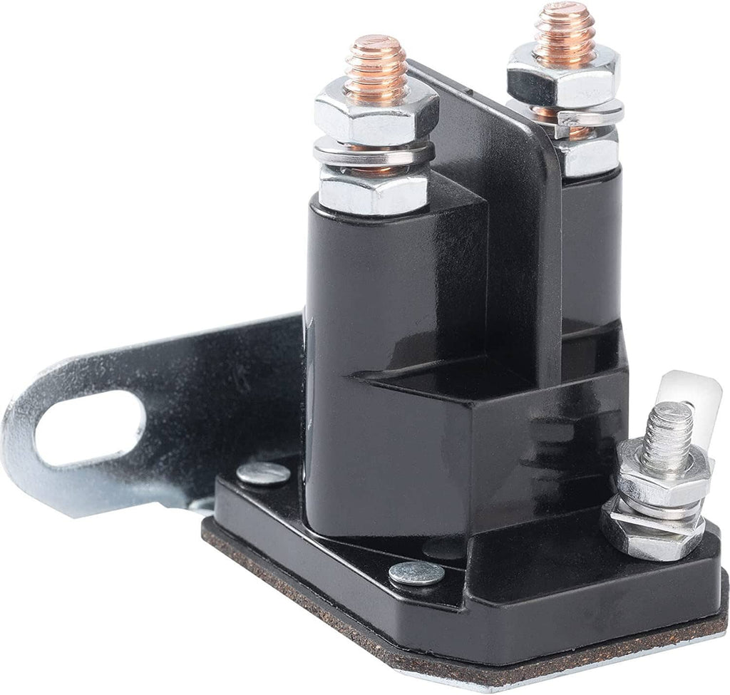 Lawn mower starter solenoid on black plate, two copper-topped terminals, and metal bolts