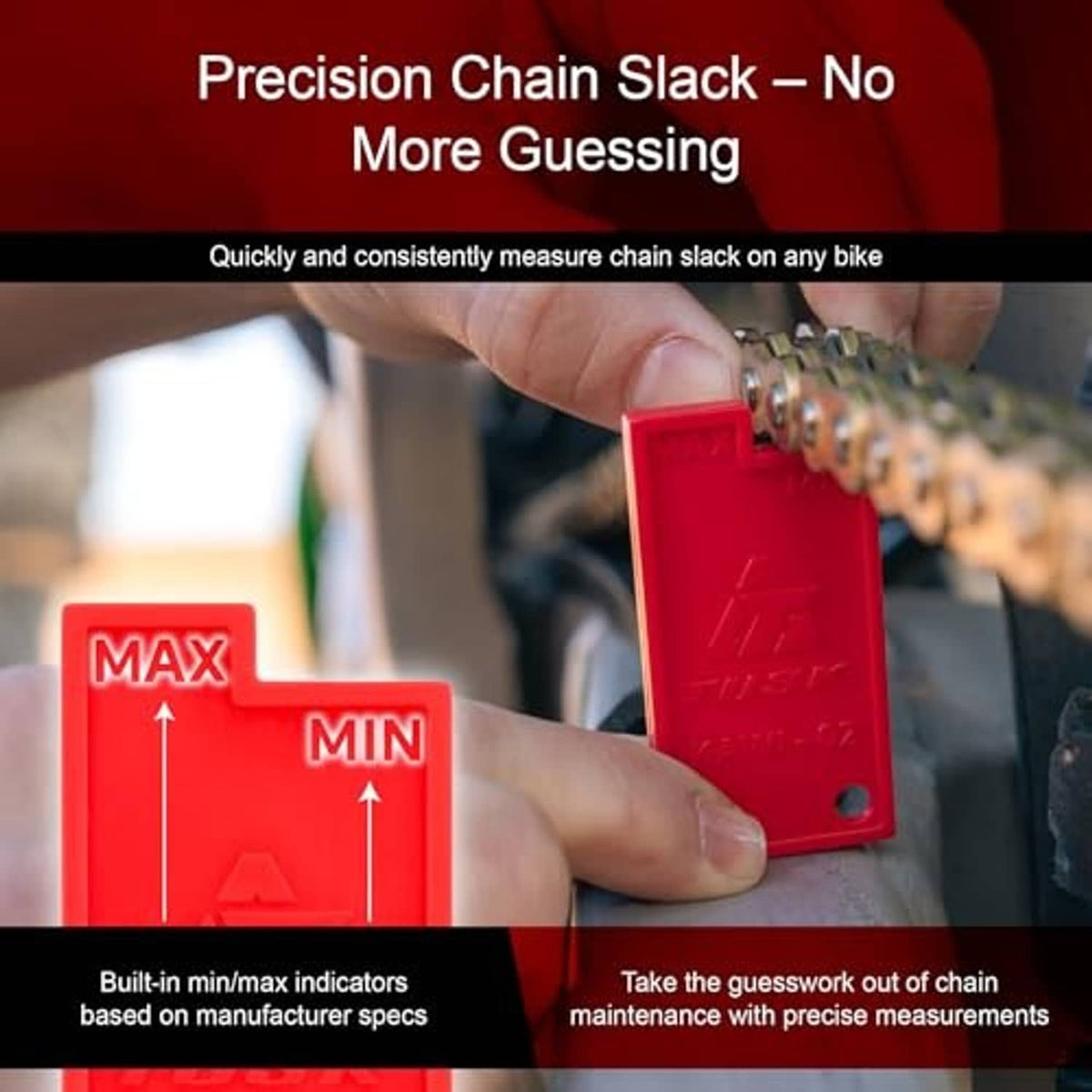 Red chain slack measuring tool positioned on a motorcycle chain near MAX/MIN