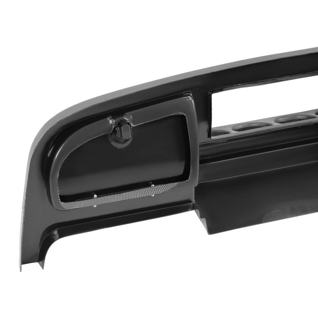 Black dashboard dash cover end panel with screw holes and textured surface