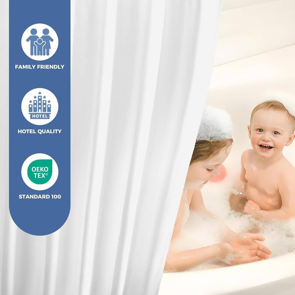White shower curtain liner panel with smooth pleats and hanging edge
