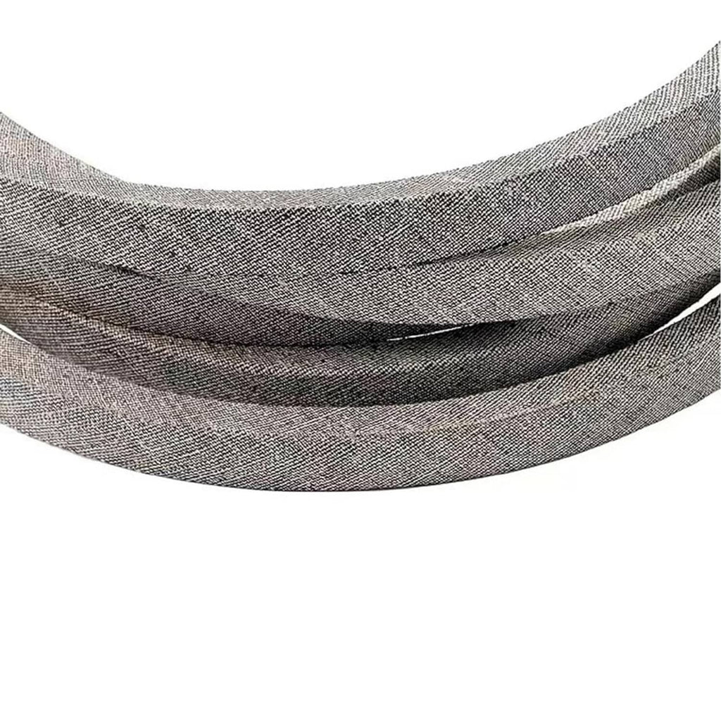 Gray deck belt side view showing layered thickness and fabric weave, curved profile