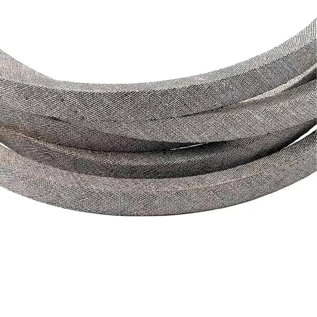 Gray deck belt side view showing layered thickness and fabric weave, curved profile