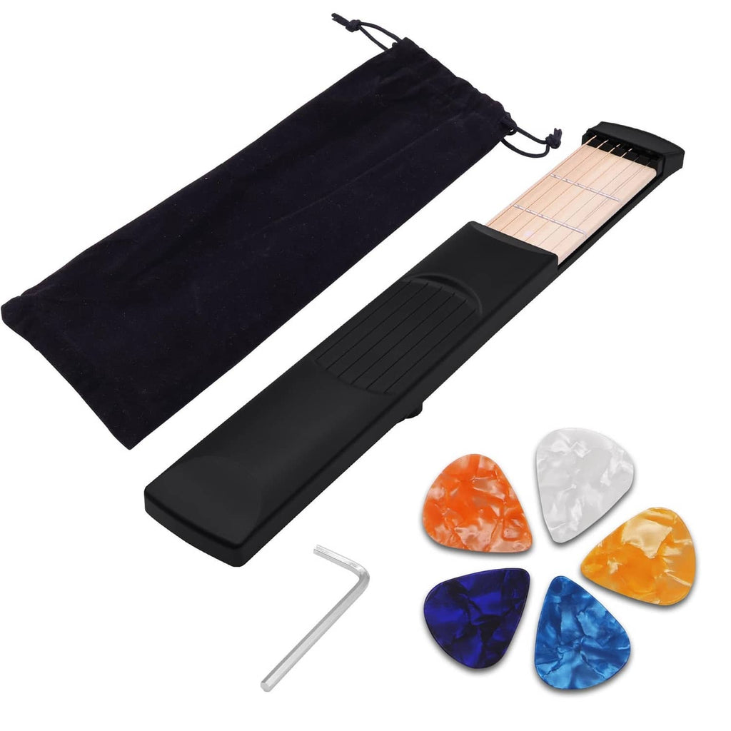 Black 6-string guitar practice tool with 6-fret fingerboard and velvet carry bag
