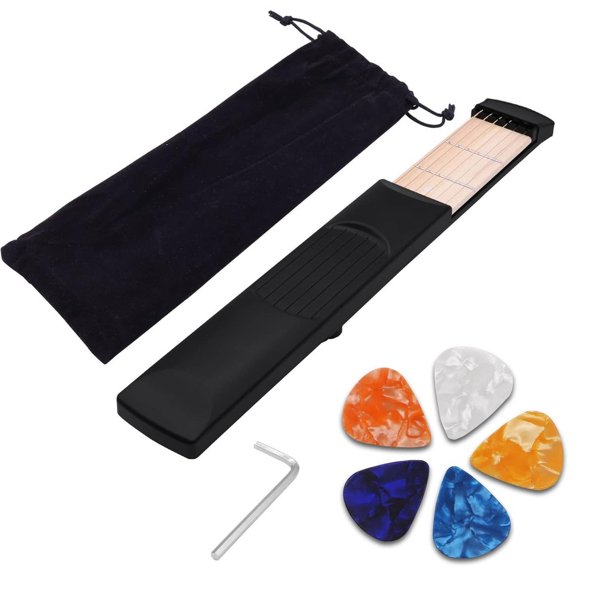 Black 6-string guitar practice tool with 6-fret fingerboard and velvet carry bag