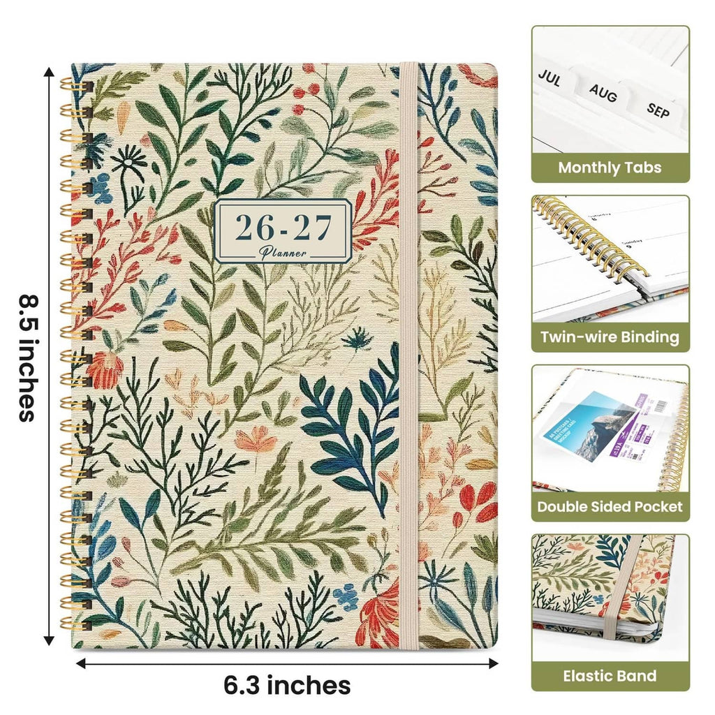 Taja Planner 2026-2027 cloth floral cover size view, 6.3 x 8.5 and tabs