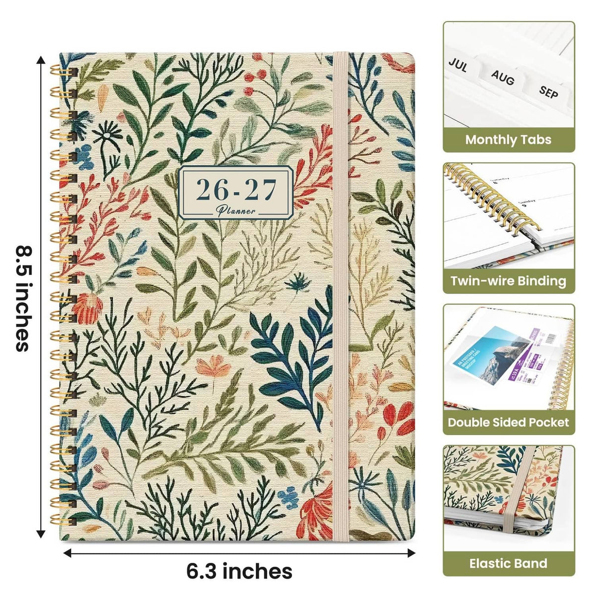 Taja Planner 2026-2027 cloth floral cover size view, 6.3 x 8.5 and tabs