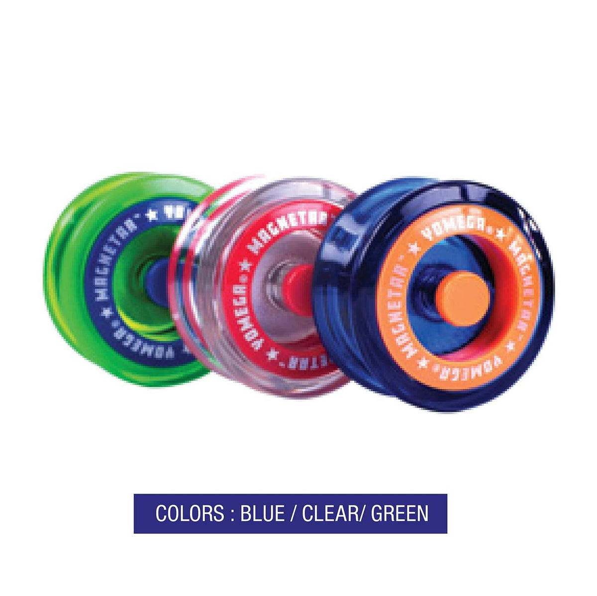 Set of clear, blue, and green responsive yo-yos with red center and star logos