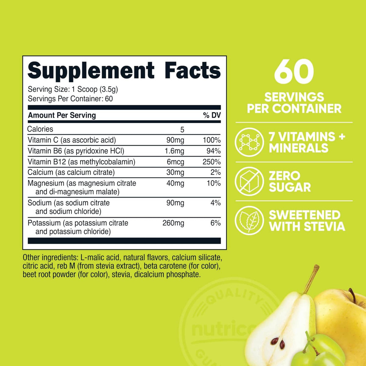 Nutricost electrolytes supplement facts panel with vitamin and mineral amounts