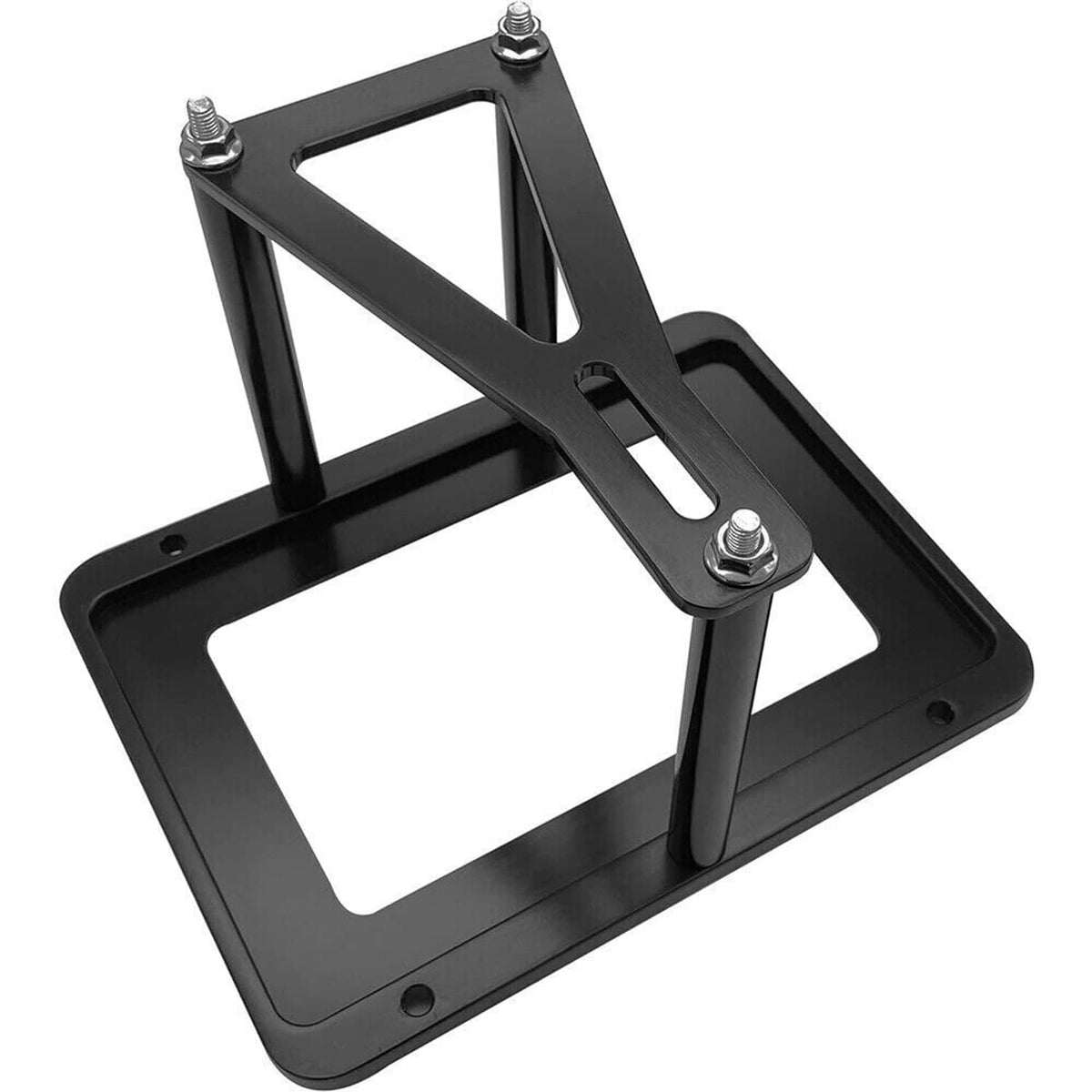 Pair of black aluminum battery mount brackets with stacked tray plate and bolt studs