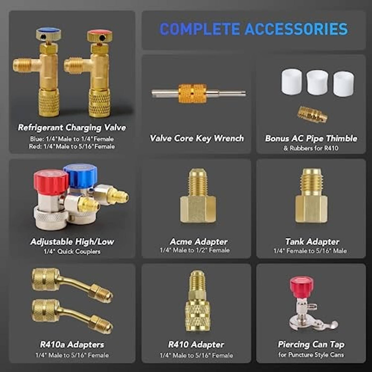 AC manifold gauge accessory set with brass adapters, couplers, and quick-connect fittings