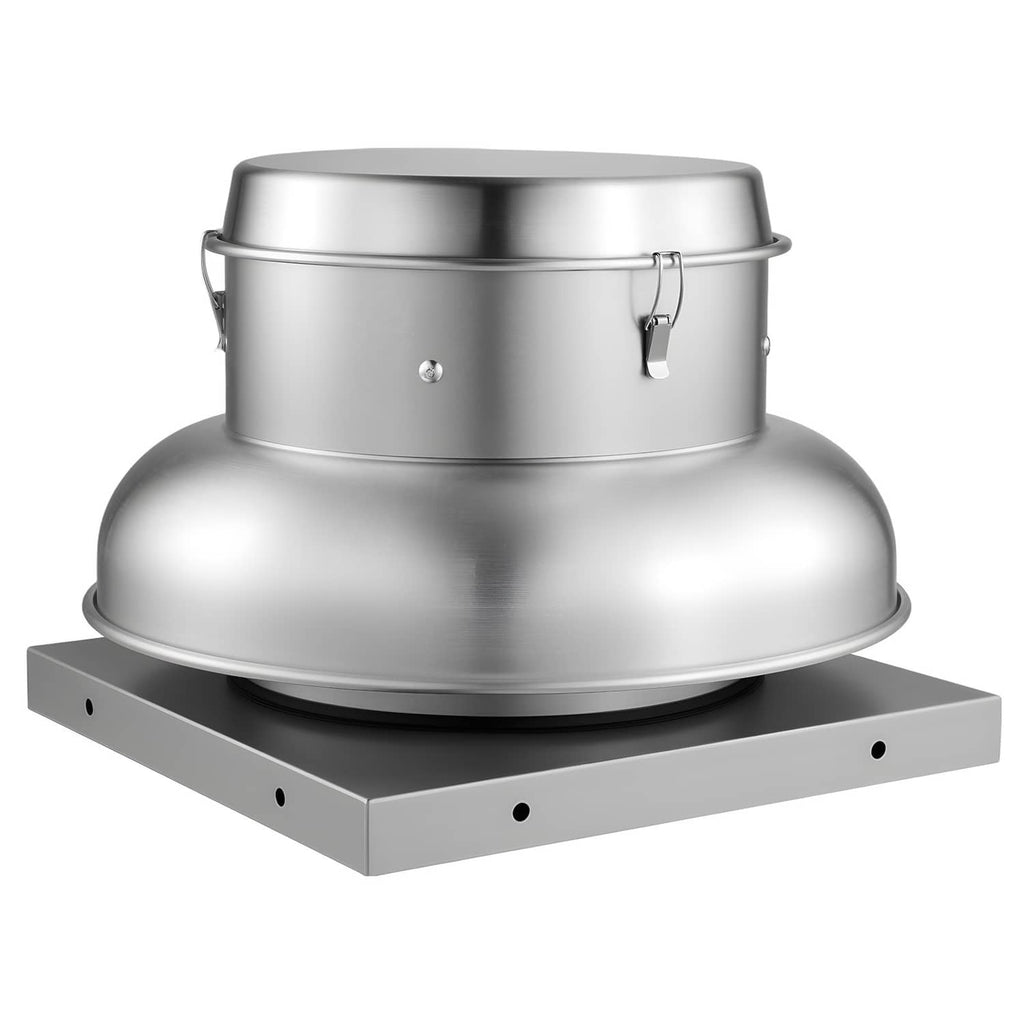 Close-up metal roof exhaust fan attic vent with flared hood and mounting base