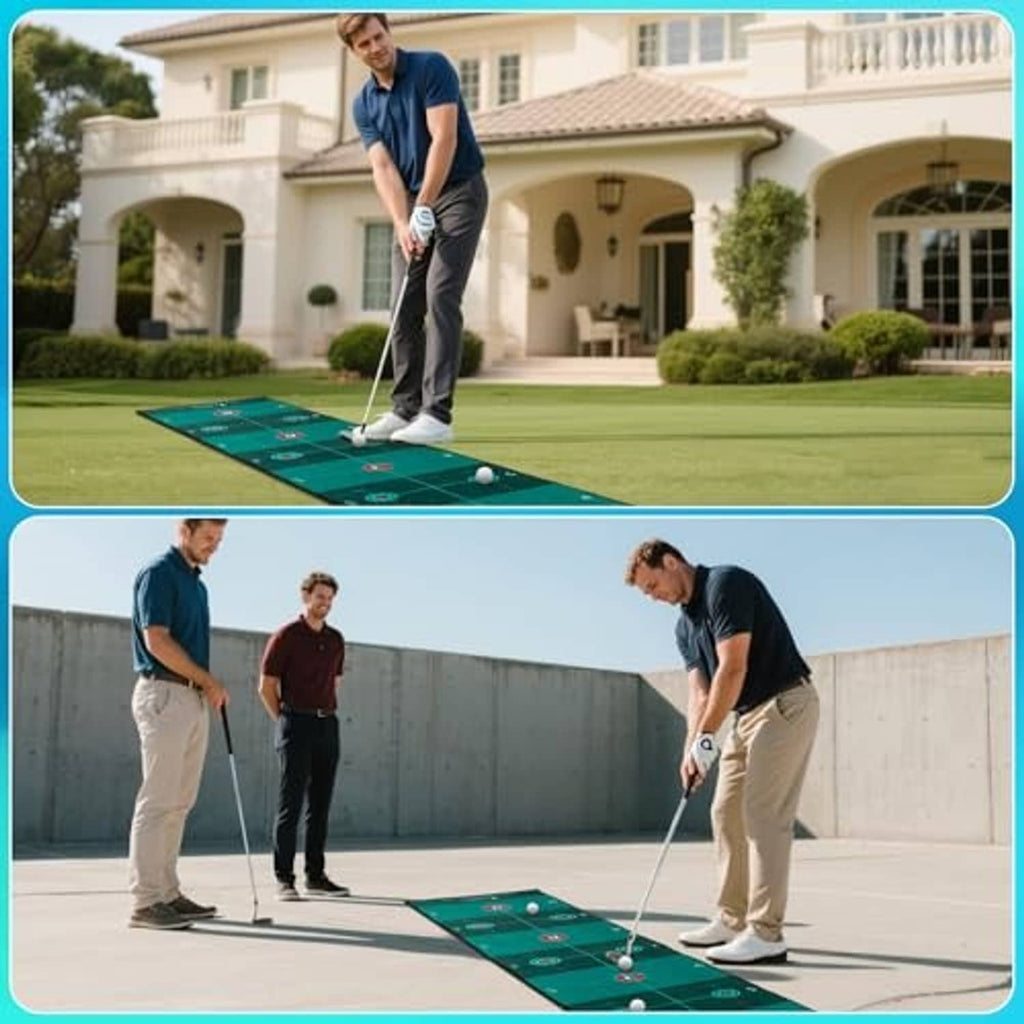 Green putting mat on lawn with golfer aiming a putt for training