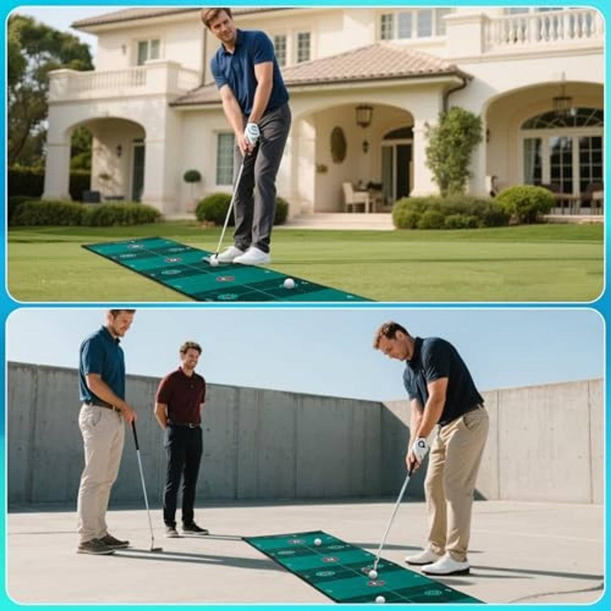Green putting mat on lawn with golfer aiming a putt for training