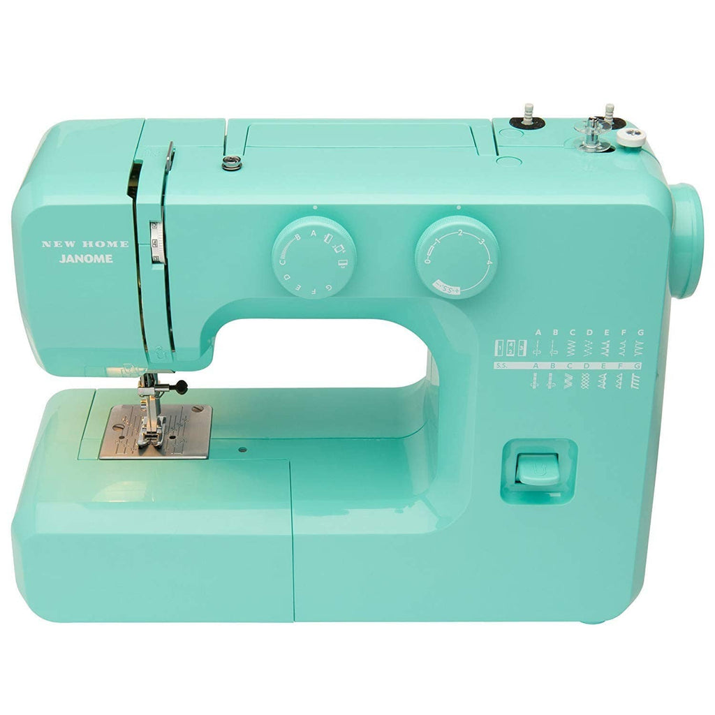 Turquoise sewing machine, angled front view with stitch dials and needle