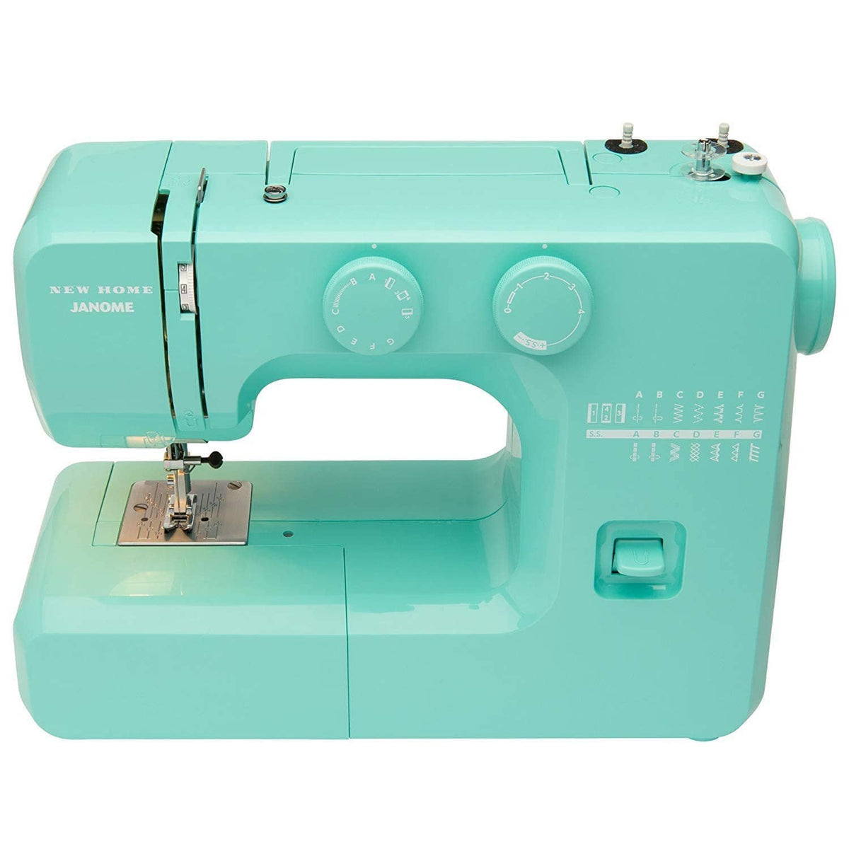 Turquoise sewing machine, angled front view with stitch dials and needle