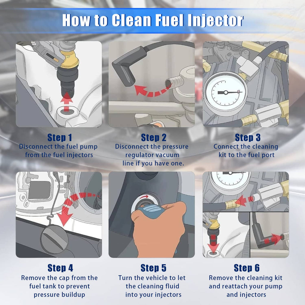 Black fuel injector with blue top and orange seal ring shown with cleaning step diagrams