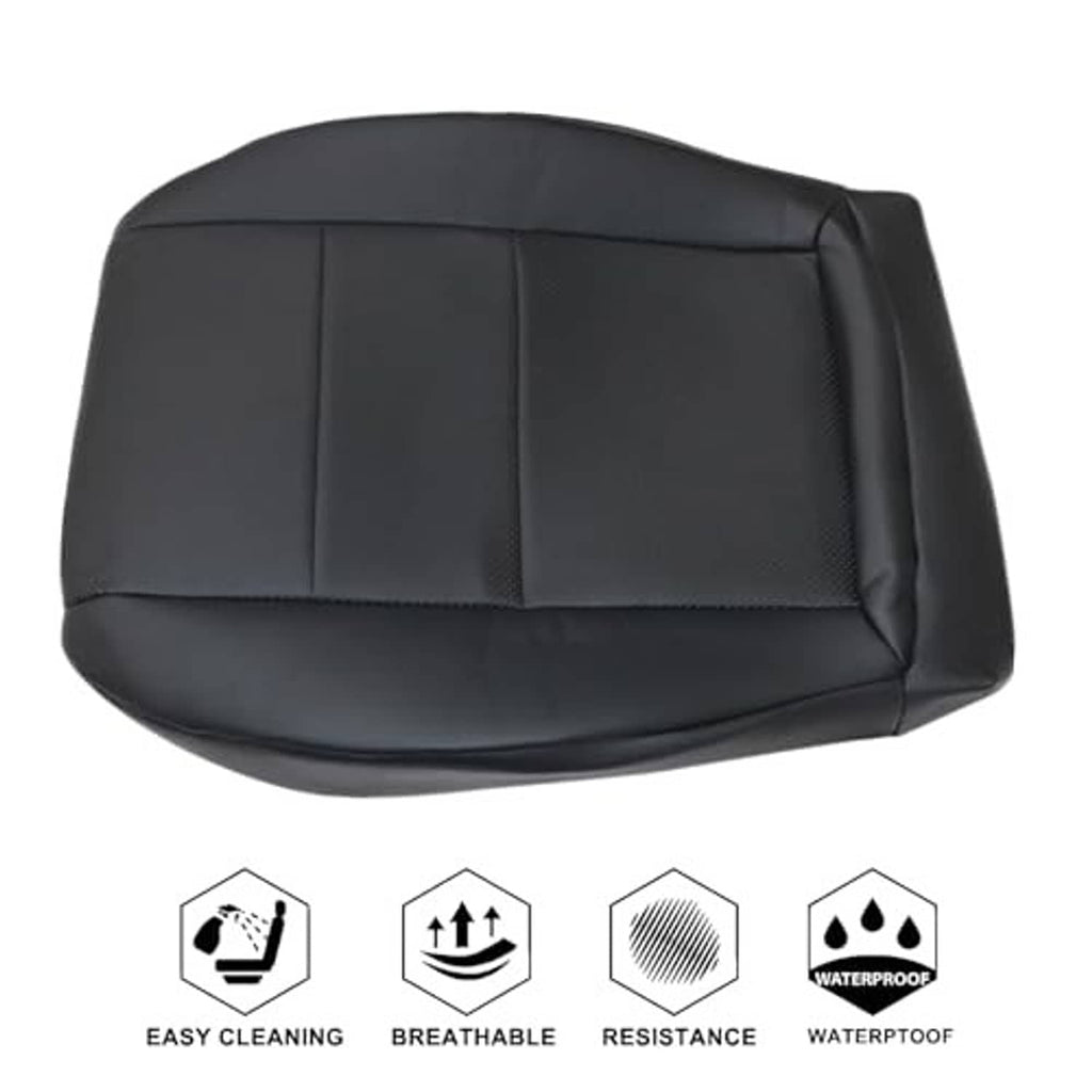 Black leather seat bottom cover with stitched center seam and feature icons