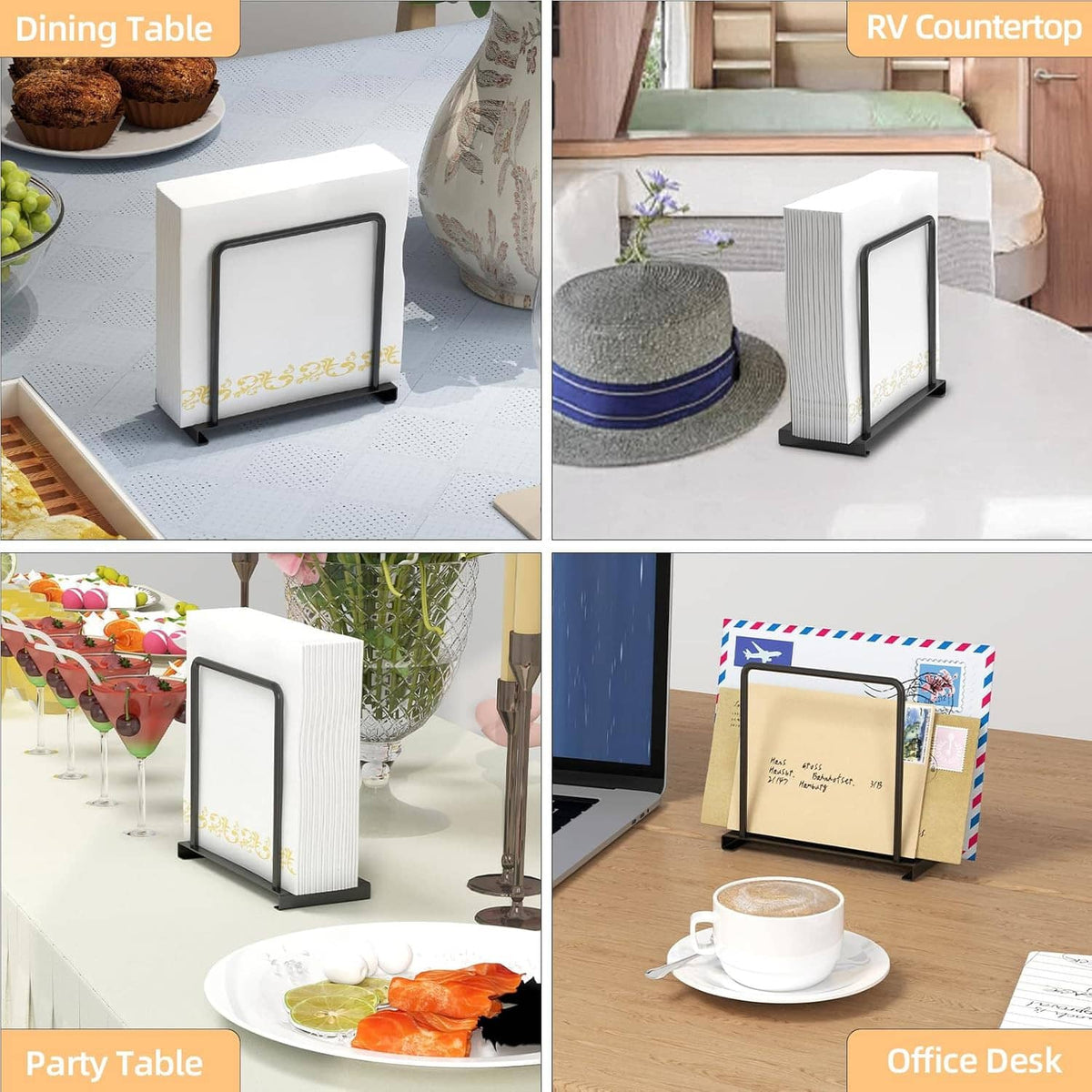 Standing napkin holder with white ribbed body, black frame, and flat non-slip base