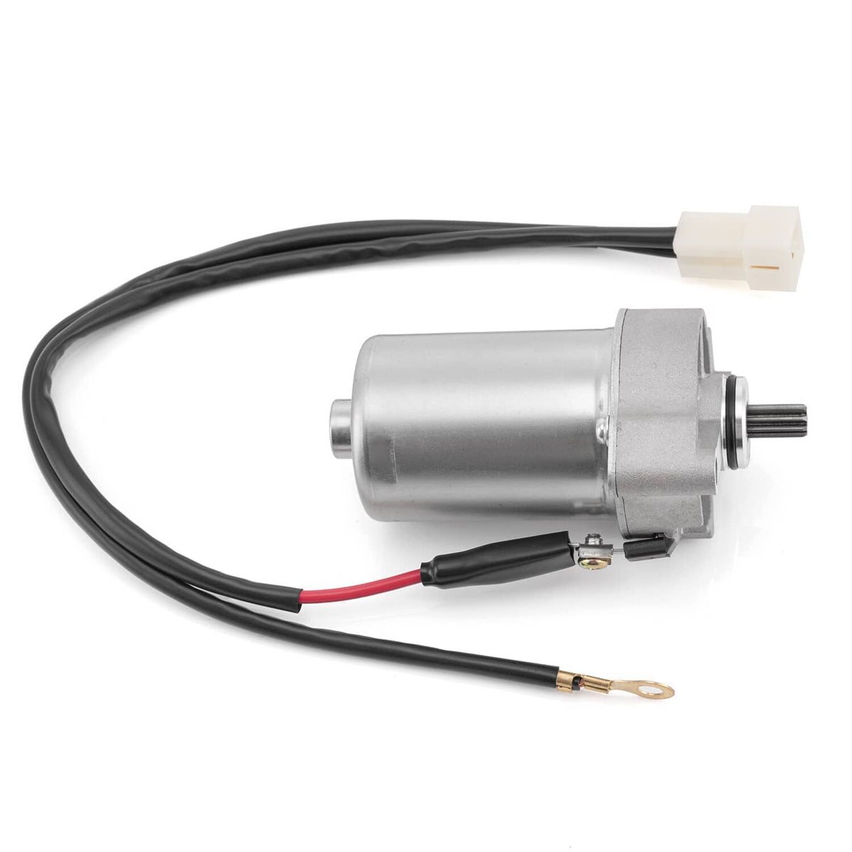 Starter motor assembly with gray motor, black wiring, white connector and ring terminal