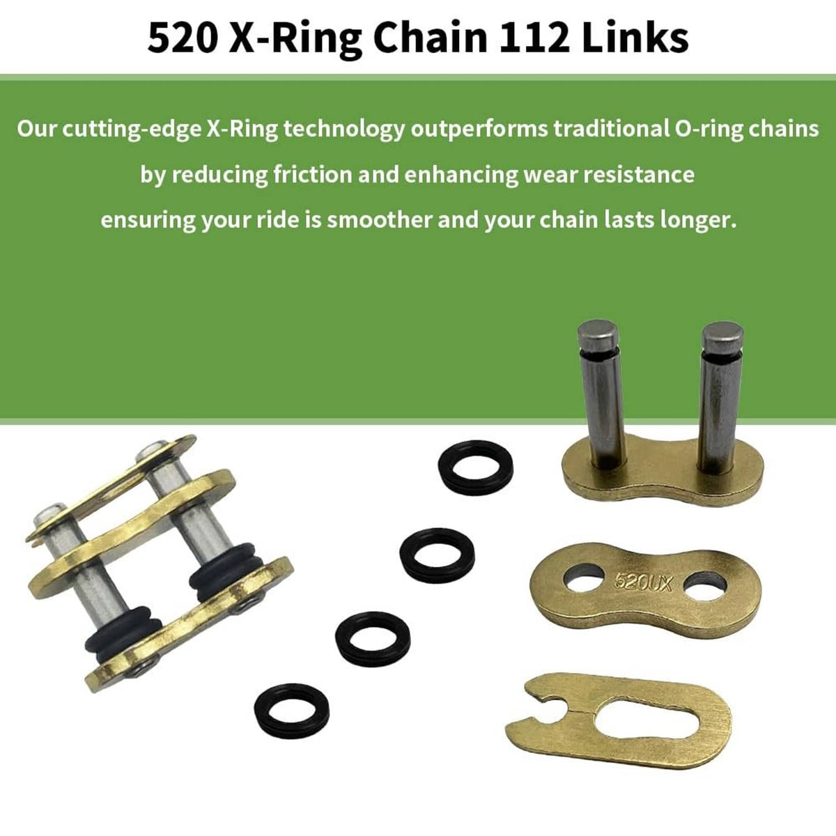 Gold X-ring motorcycle chain links with black O-rings and connecting plate set