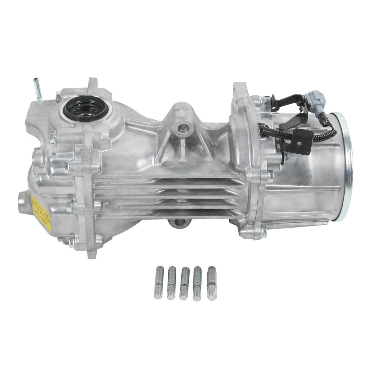 Rear differential assembly in silver metal housing with mounting bolts