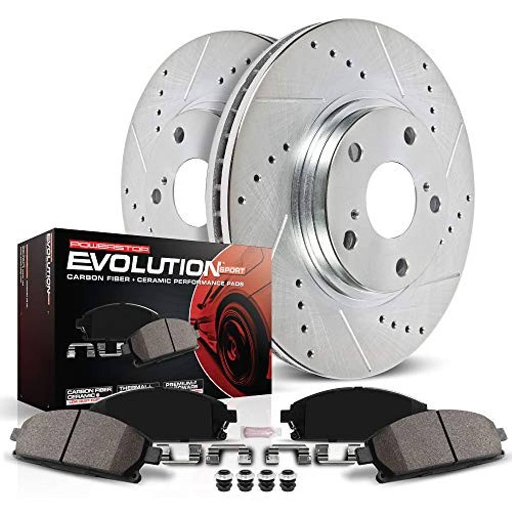 Drilled and slotted brake rotors with brake pads kit and bundle of hardware