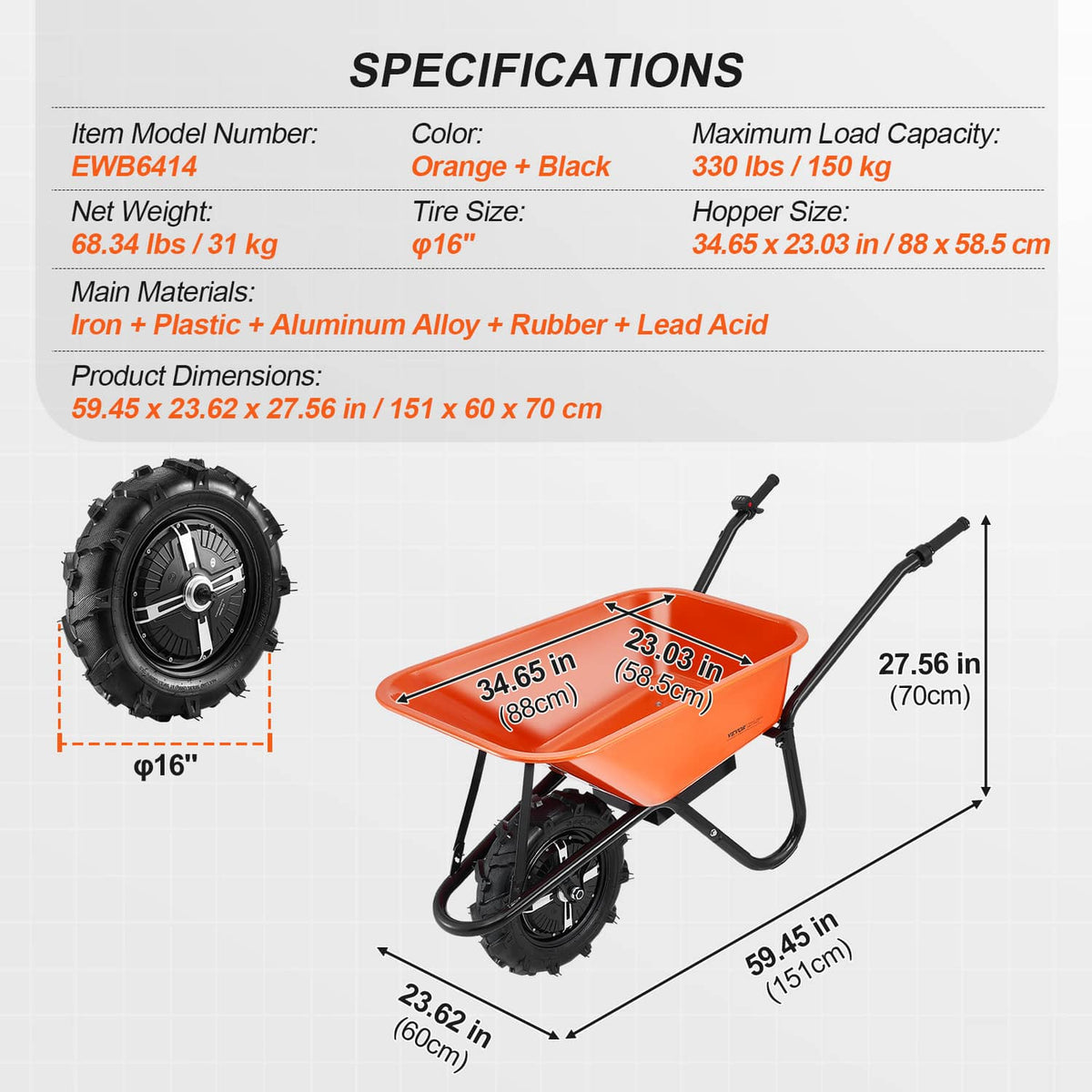 Orange and black electric one-wheel wheelbarrow cart with height and length measurements