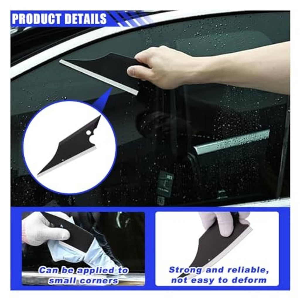 Window tint application tool with hand squeegee on glass and flexible blade edge