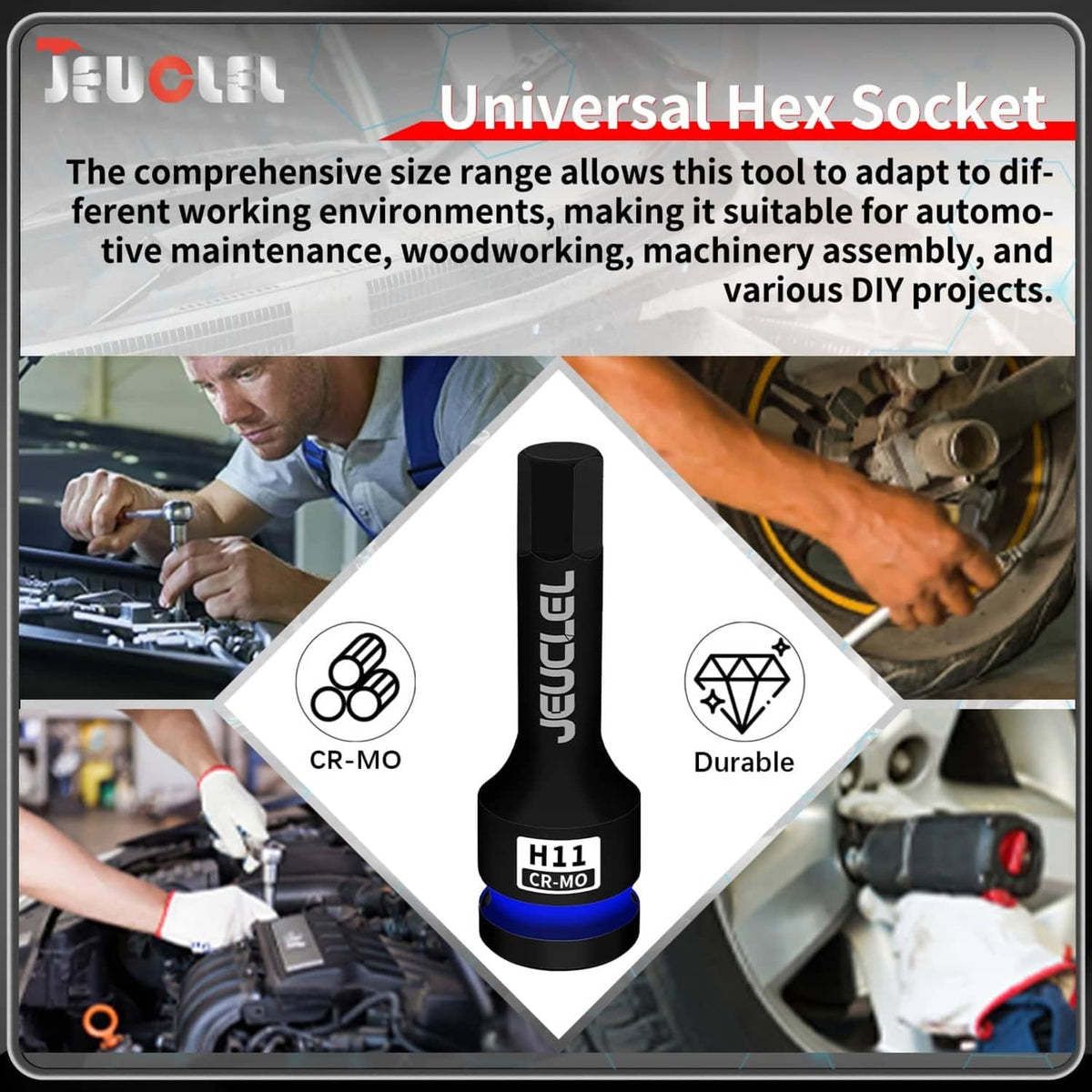 H11 universal hex socket bit, black with blue ring and CR-Mo marking on end
