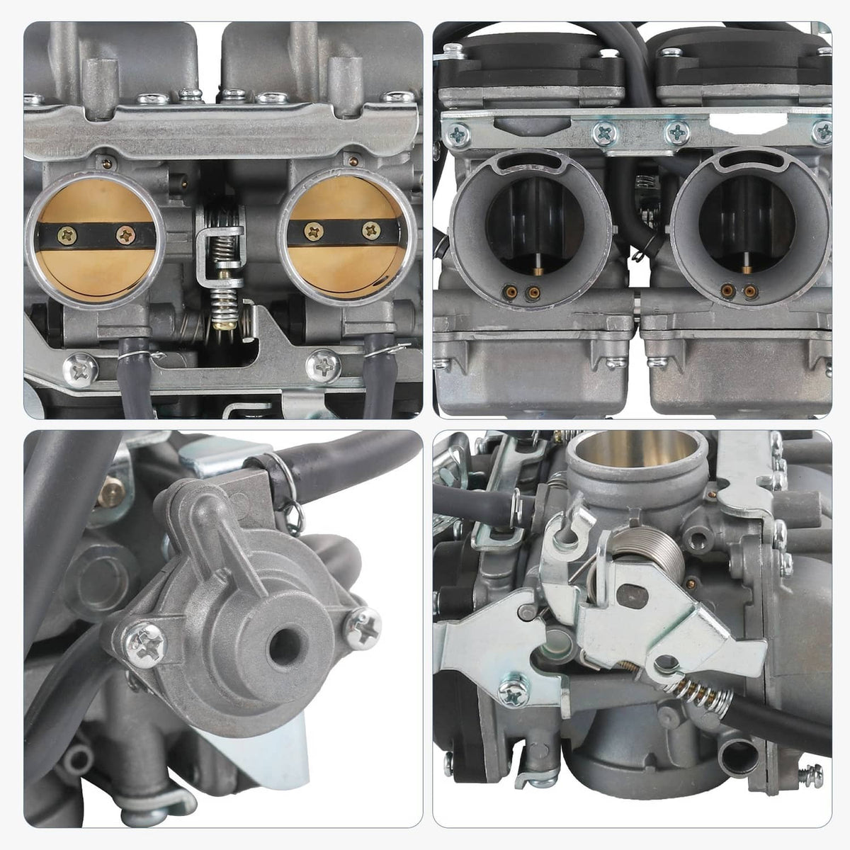 Carburetor close-up with twin throttle bores, springs, and metal mounting plate