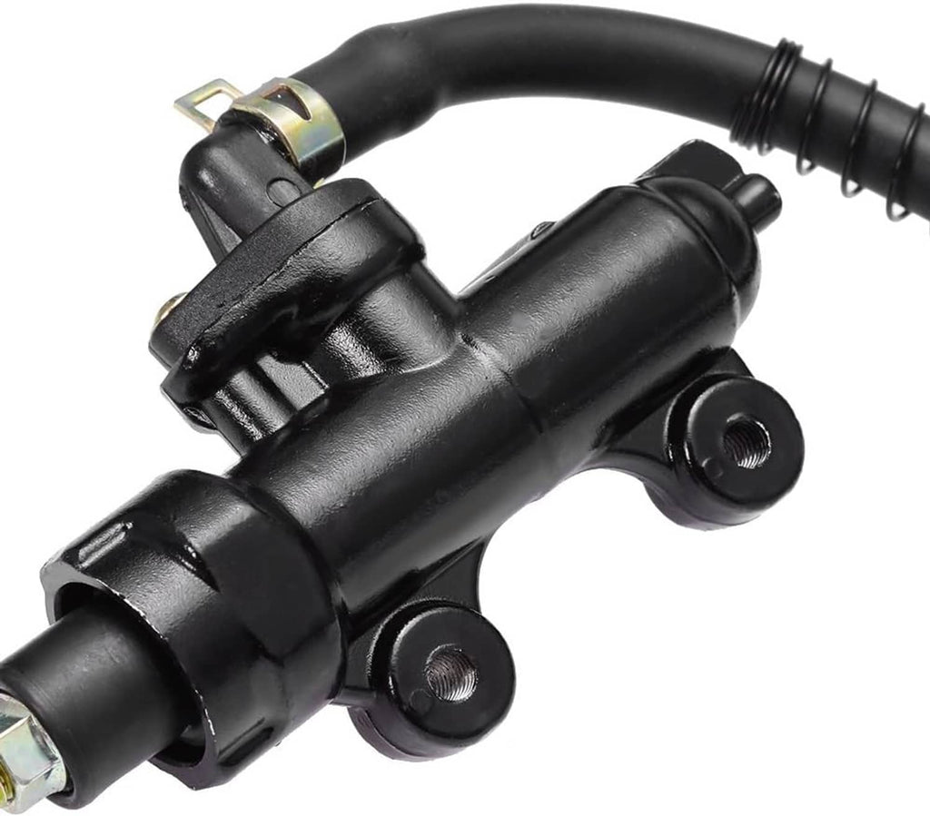 Rear brake master cylinder pump body with black housing and mounting studs