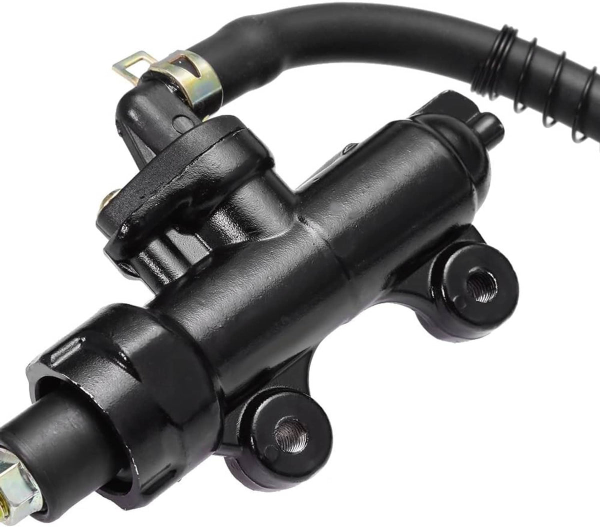 Rear brake master cylinder pump body with black housing and mounting studs