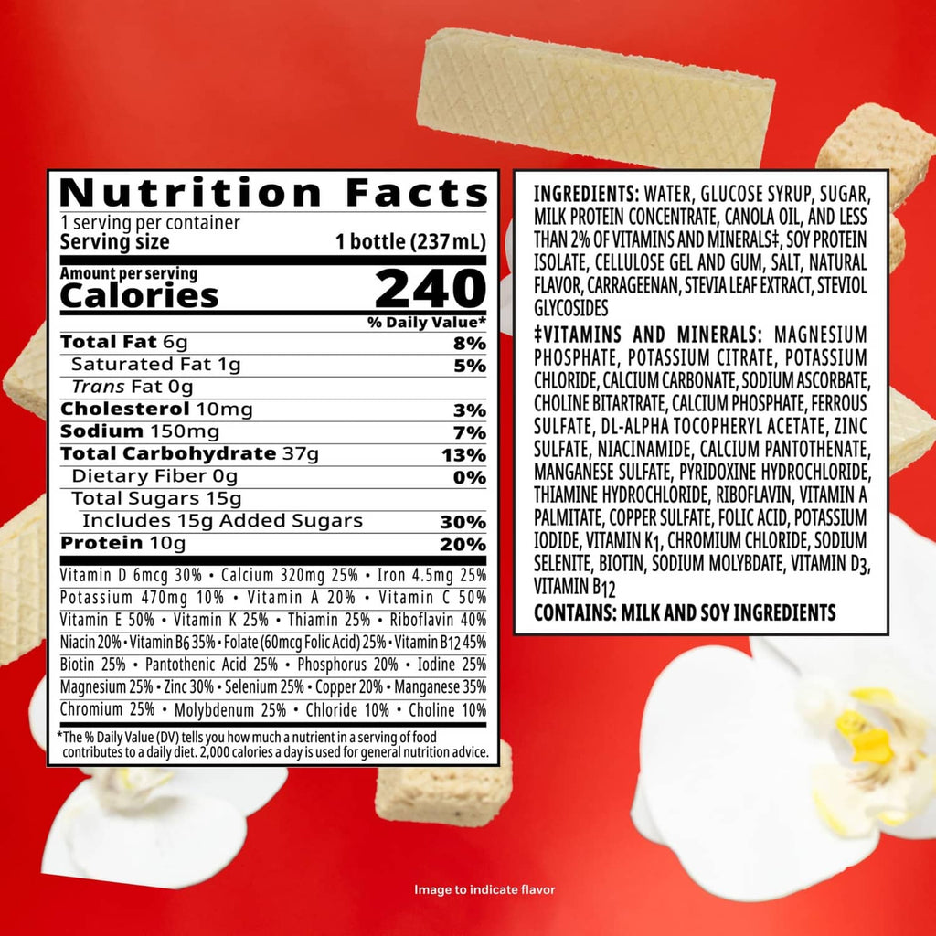 Nutritional drink bottle back label with nutrition facts and ingredients list
