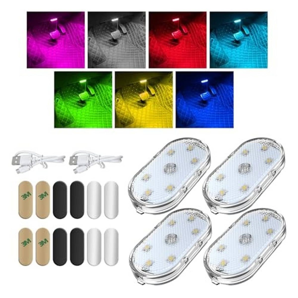 Four oval magnetic LED interior lights with multicolor glow and adhesive/suction options