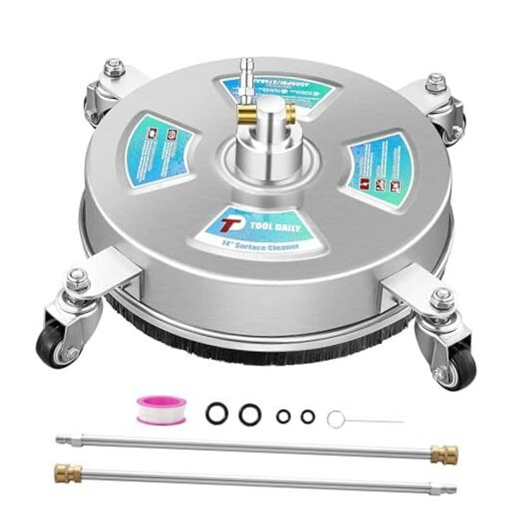 14-inch stainless pressure washer surface cleaner with black bristle skirt and four caster wheels