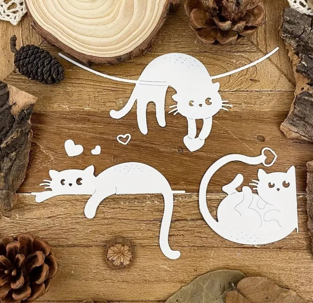 Cat metal die cut set: curled and standing cats with heart and tail details