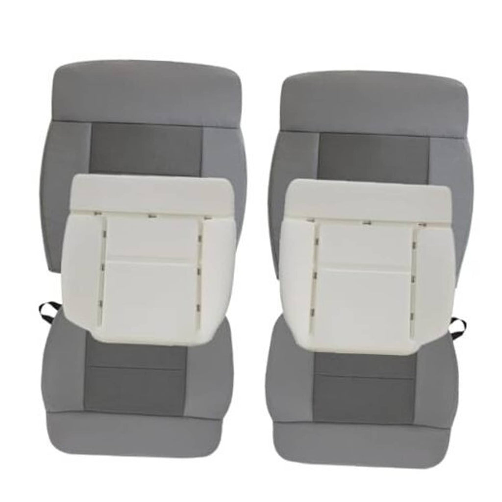 Gray front car seat cover with headrest and bottom cushion, stitched protective panels