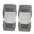 Gray front car seat cover with headrest and bottom cushion, stitched protective panels