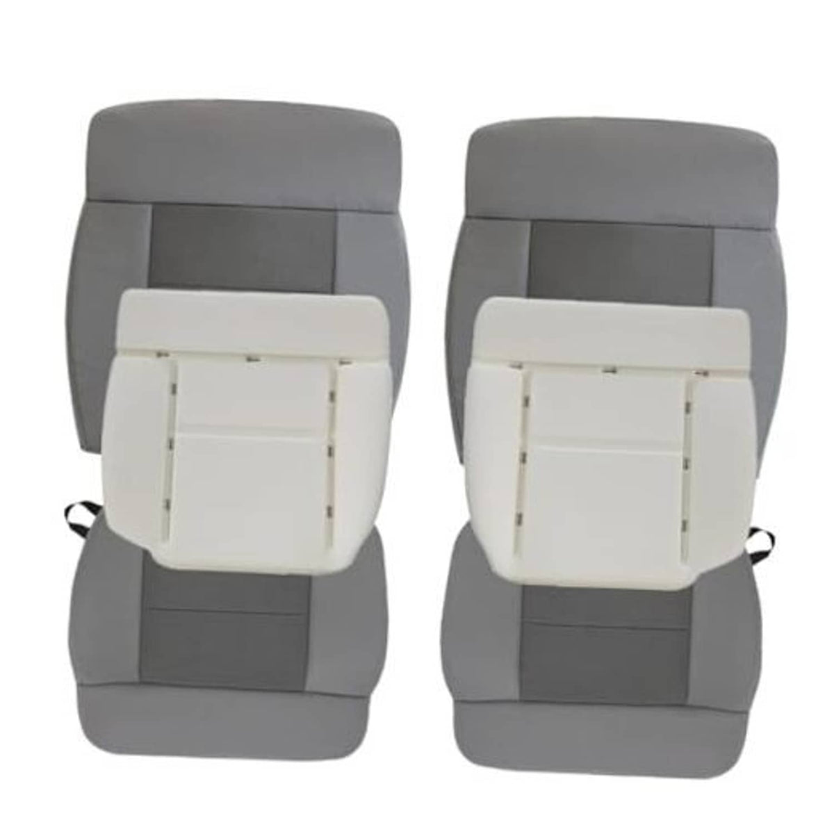 Gray front car seat cover with headrest and bottom cushion, stitched protective panels