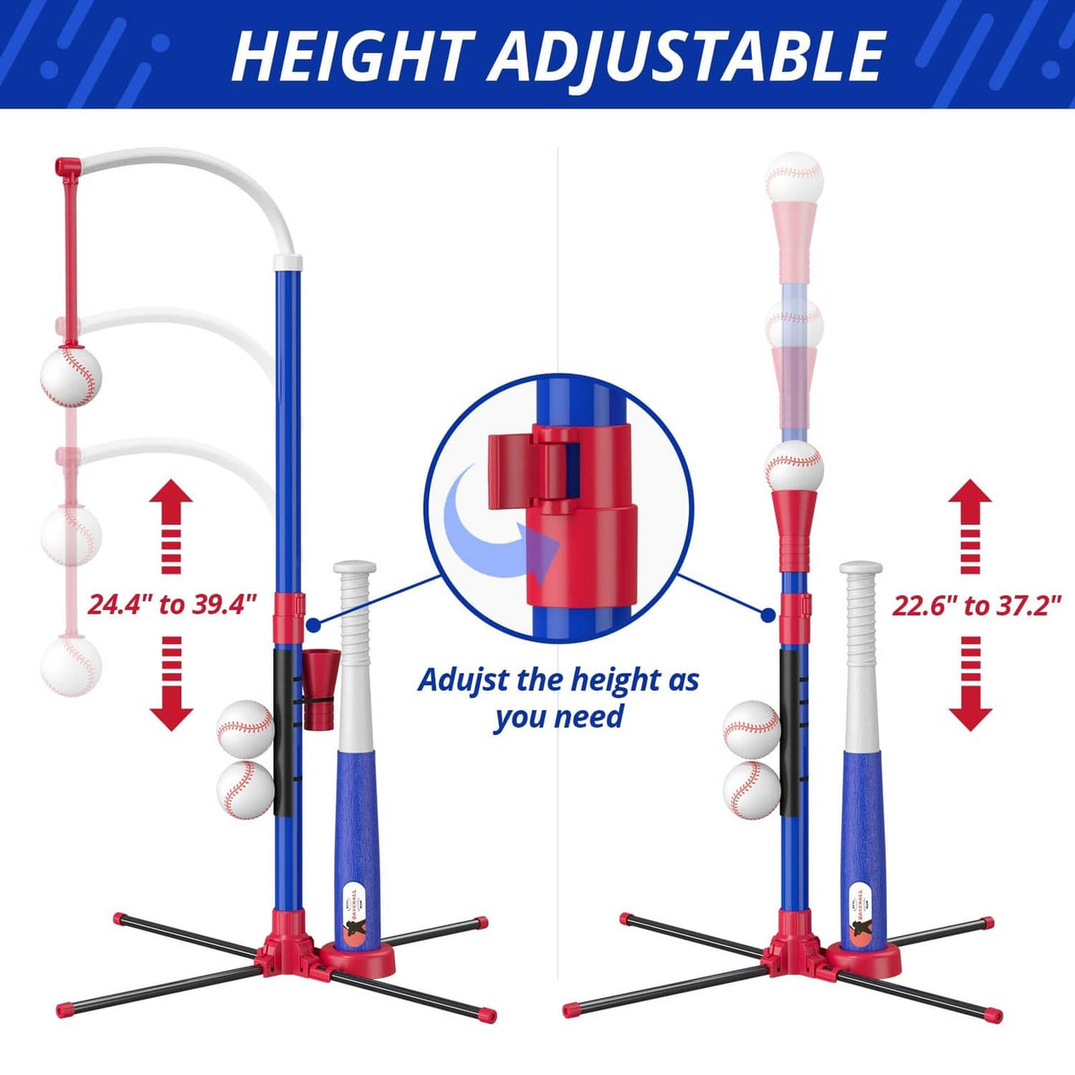 Height-adjustable baseball tee stand with blue/red poles and red base; white balls
