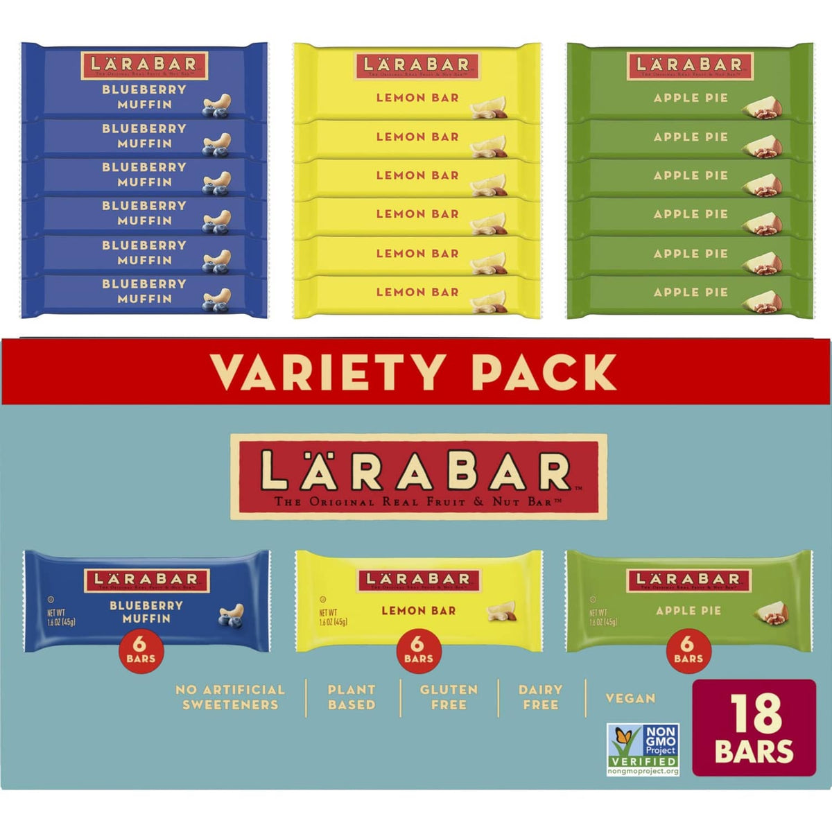 LARABAR fruit bar variety pack with 18 assorted flavor bar pouches