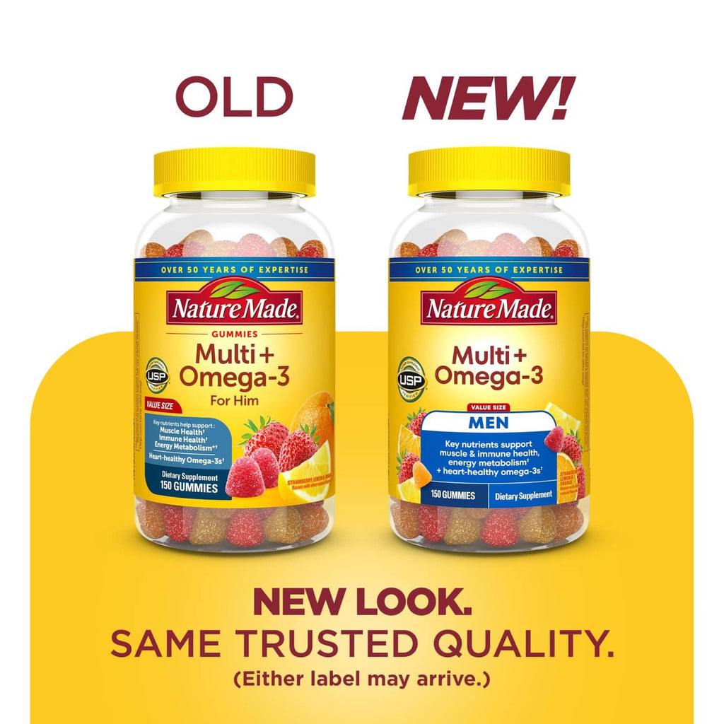 Men’s multivitamin omega-3 gummies, two bottles showing old vs new look labels