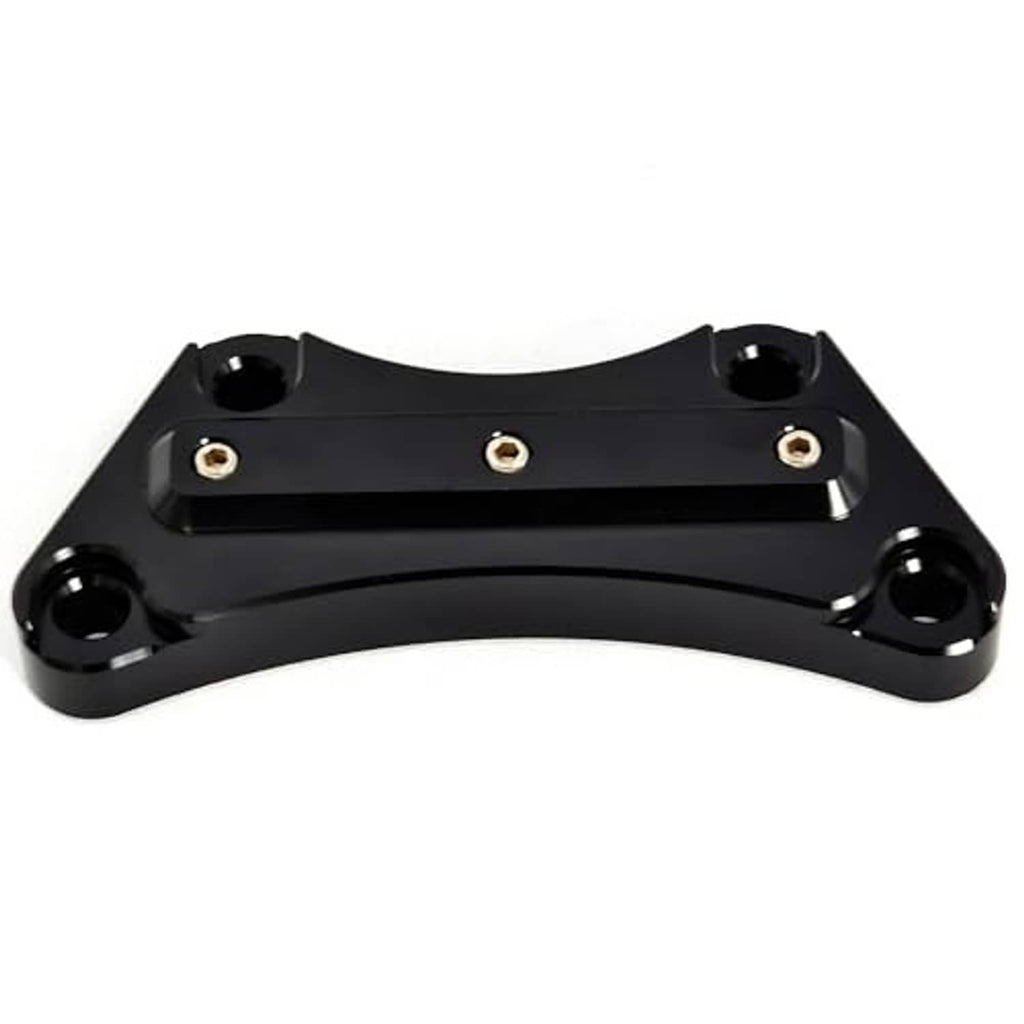 Black motorcycle handlebar top clamp plate with four mounting posts and bolts