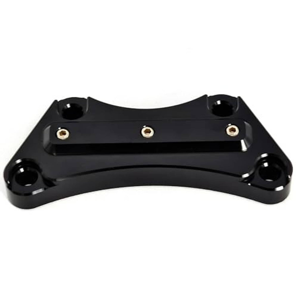 Black motorcycle handlebar top clamp plate with four mounting posts and bolts